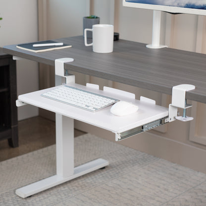 Compact clamp-on pullout keyboard tray.