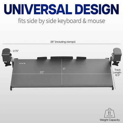 Compact clamp-on pullout keyboard tray.