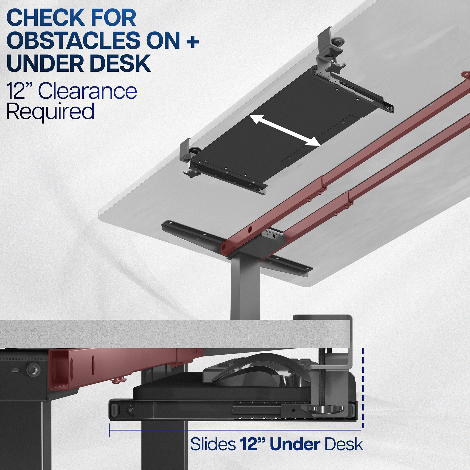 Compact clamp-on pullout keyboard tray.