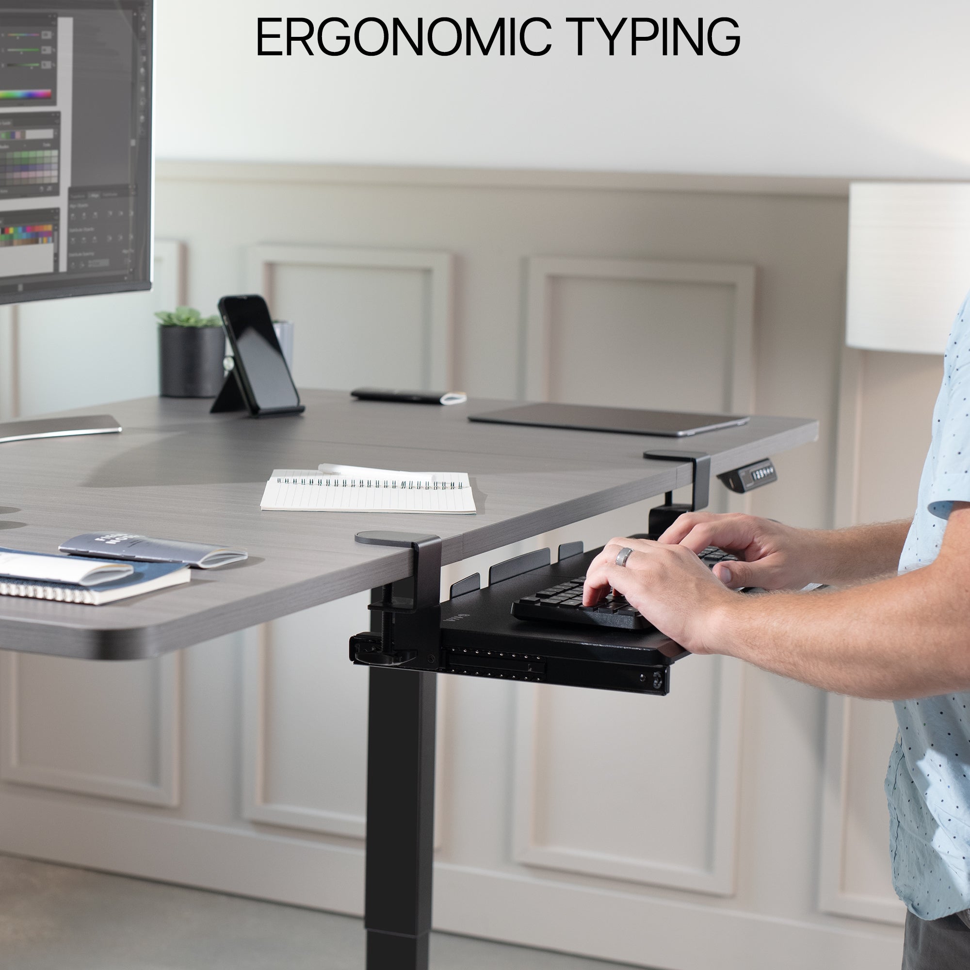 Sleek design with C-clamps and sliding tray for a clean and tidy workstation.