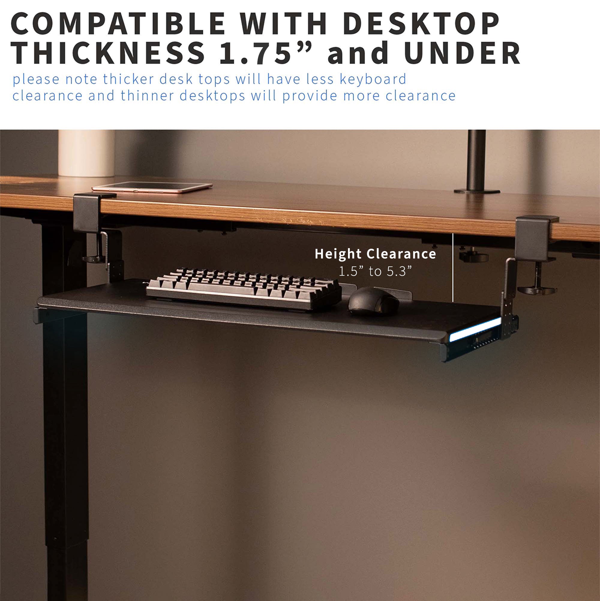 Clamp-on Height Adjustable Keyboard Tray with RGB Lights