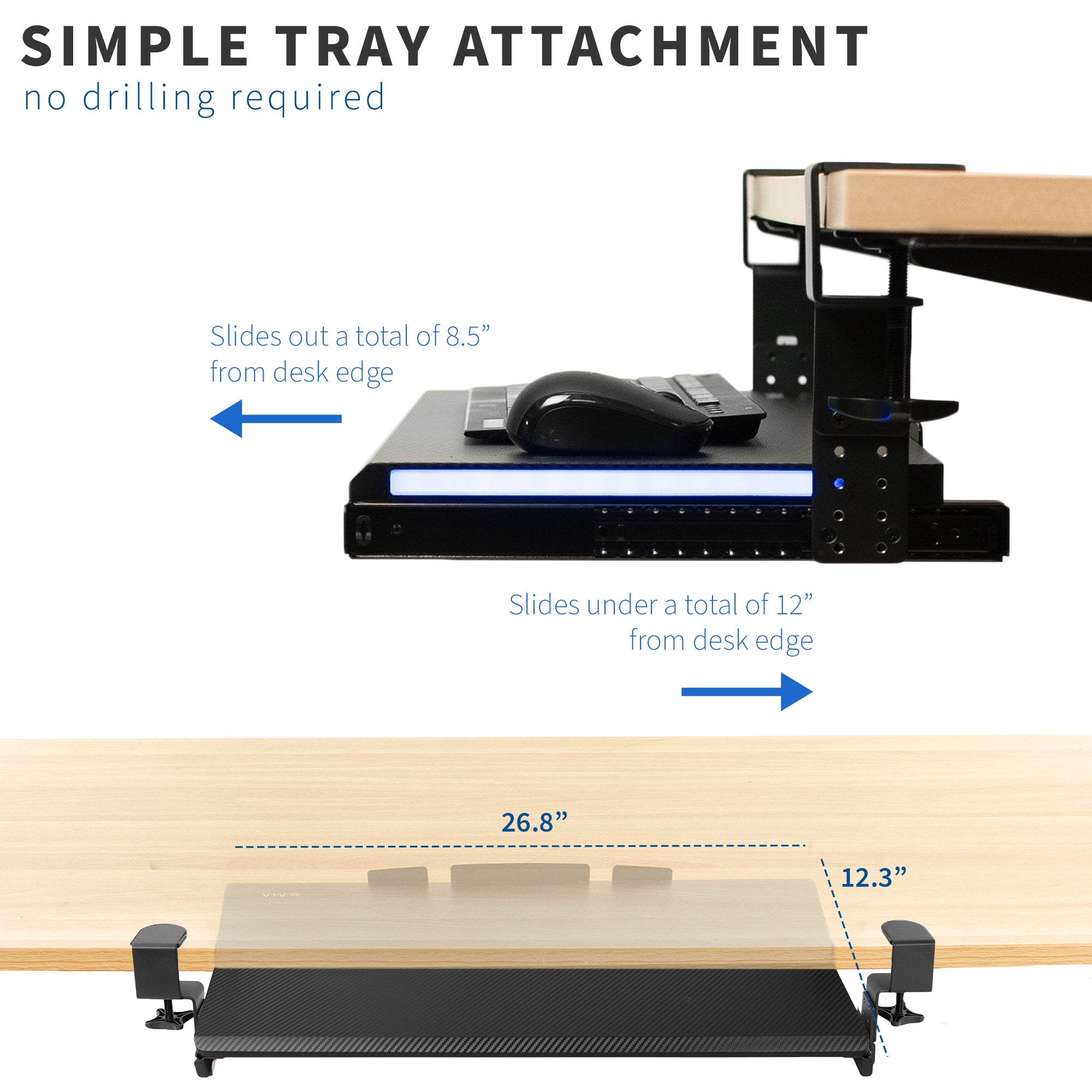 Clamp-on Height Adjustable Keyboard Tray with RGB Lights