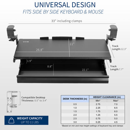 Under desk height adjustable pull-out sliding keyboard tray with storage drawer.