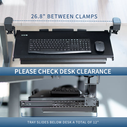 Under desk height adjustable pull-out sliding keyboard tray with storage drawer.