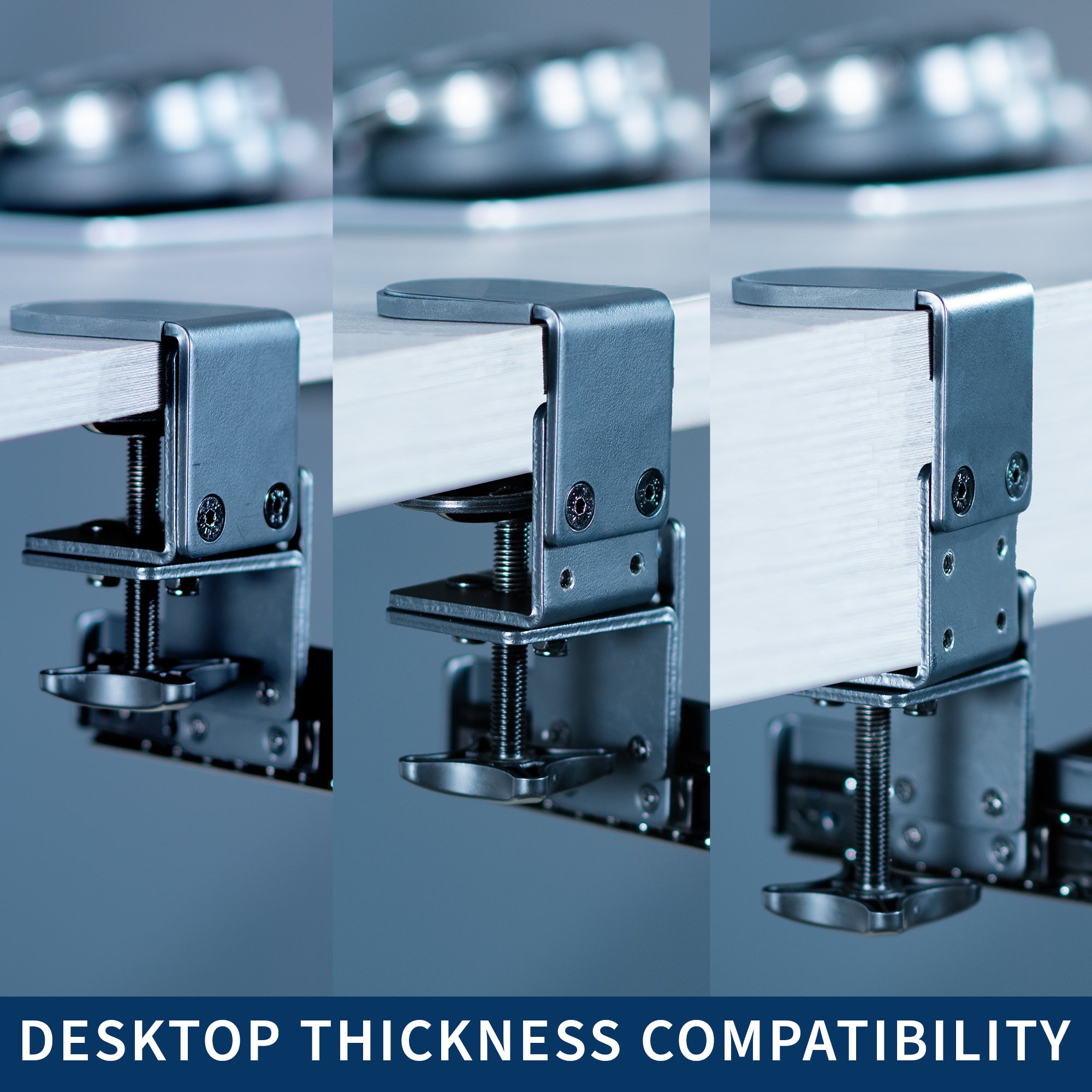 Modern pull-out clamp-on height adjustable tilting keyboard tray. Clamps can swivel to accommodate corner desk setups.