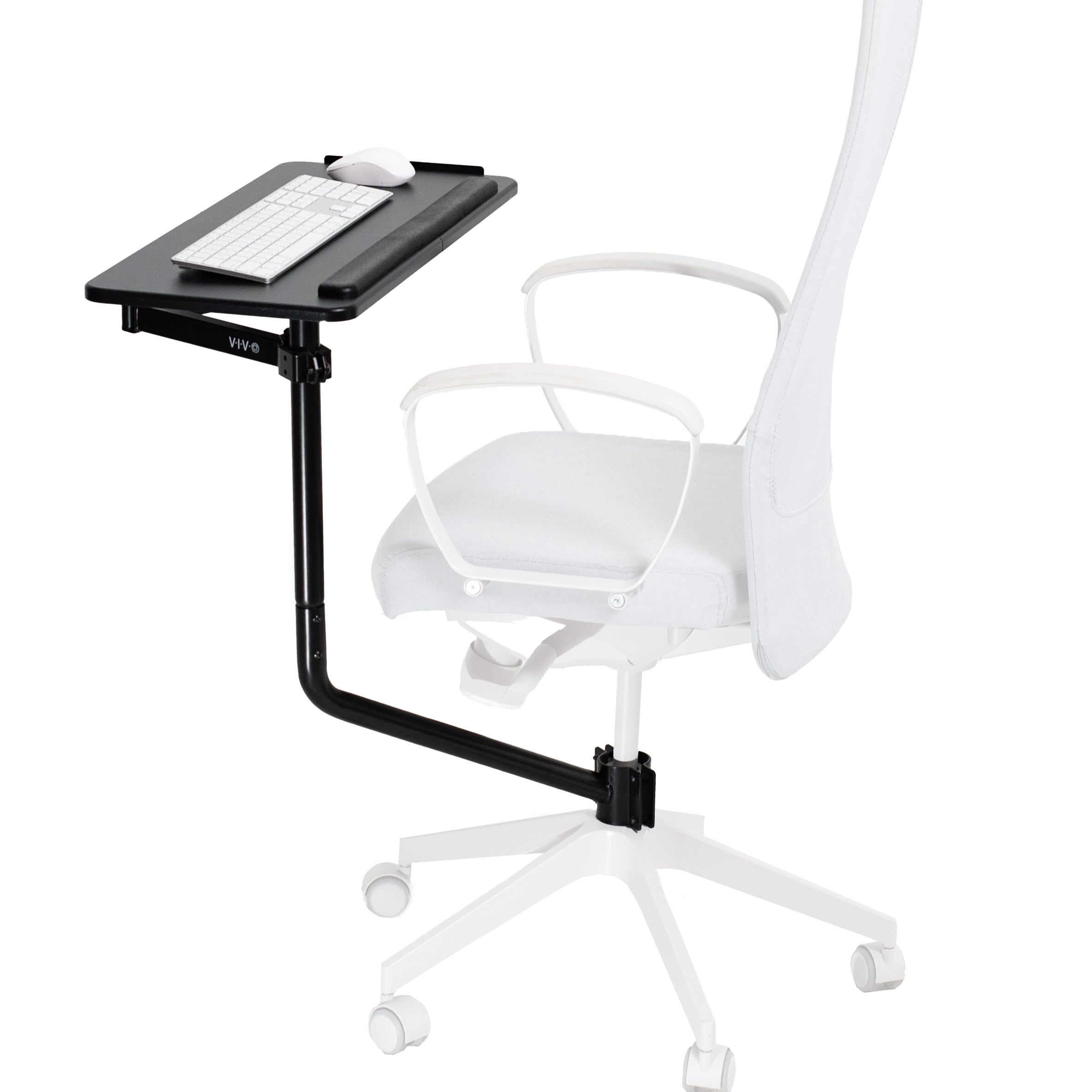 Office chair pole mounting keyboard tray with height adjustment, tilt, and rotation.