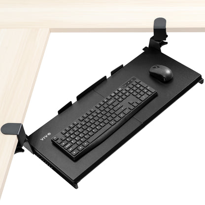 Under desk corner keyboard tray platform with adjustable swivel clamps for an ergonomic workspace.