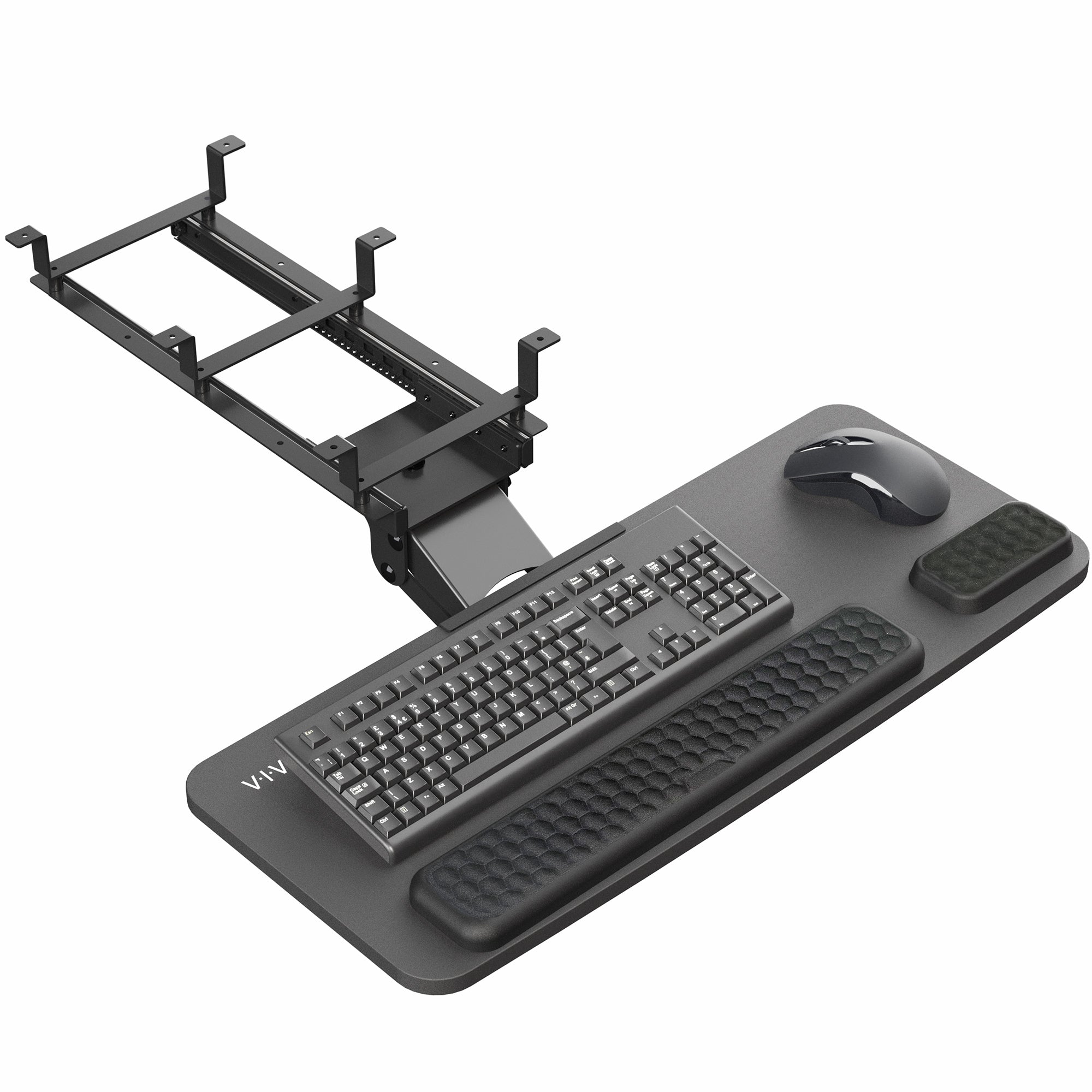 An under desk keyboard tray setup with a black keyboard and mouse on the tray, attached to a metal bracket under the desk.