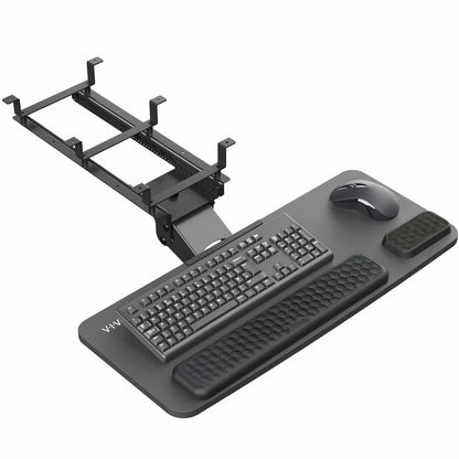 An under desk keyboard tray setup with a black keyboard and mouse on the tray, attached to a metal bracket under the desk.