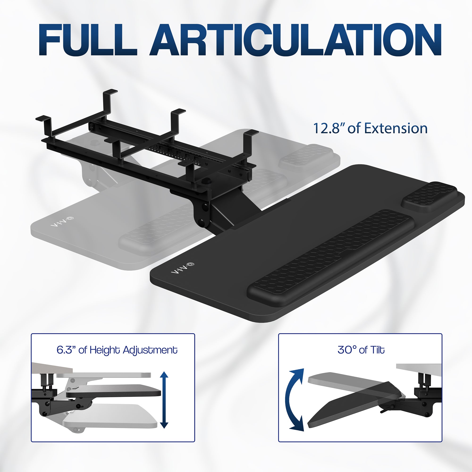 An under desk keyboard tray with text on a white background highlighting full articulating feature. 