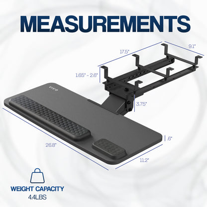 Measurements of an under desk keyboard tray on a white background. 