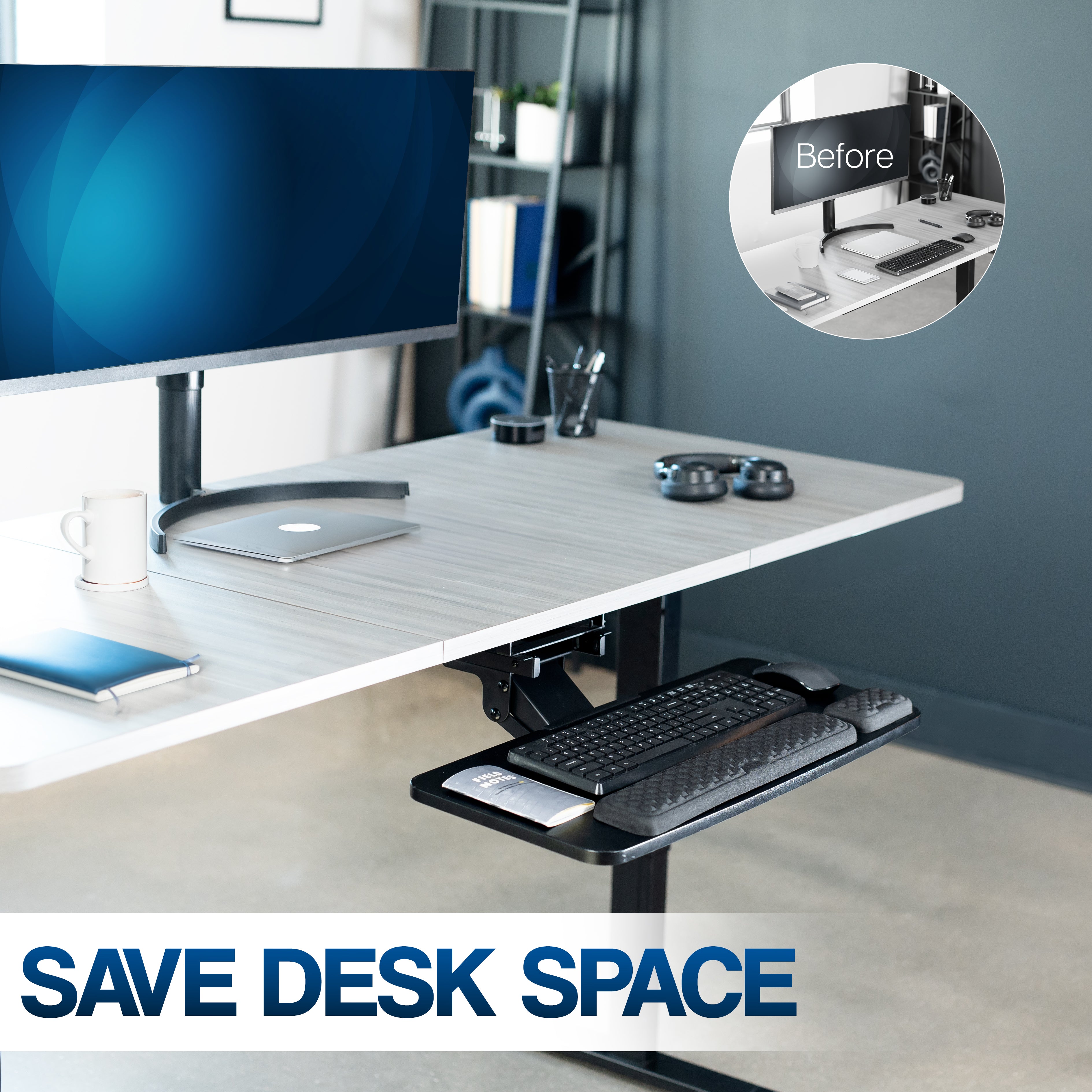 Before and after comparison with a cluttered desk and a clean desk. 