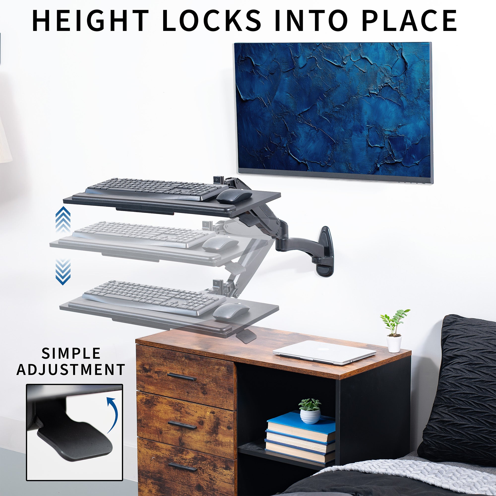 Sturdy steel pneumatic height adjustable keyboard tray wall mount with articulation.