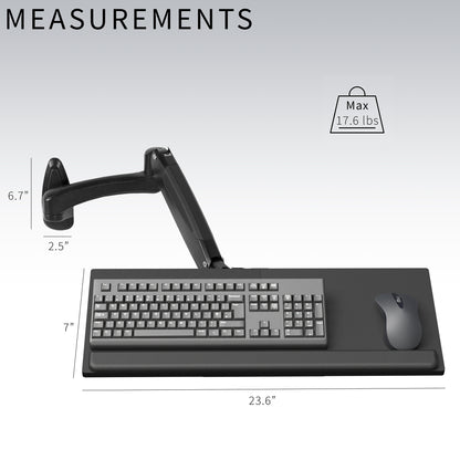 Sturdy steel pneumatic height adjustable keyboard tray wall mount with articulation.