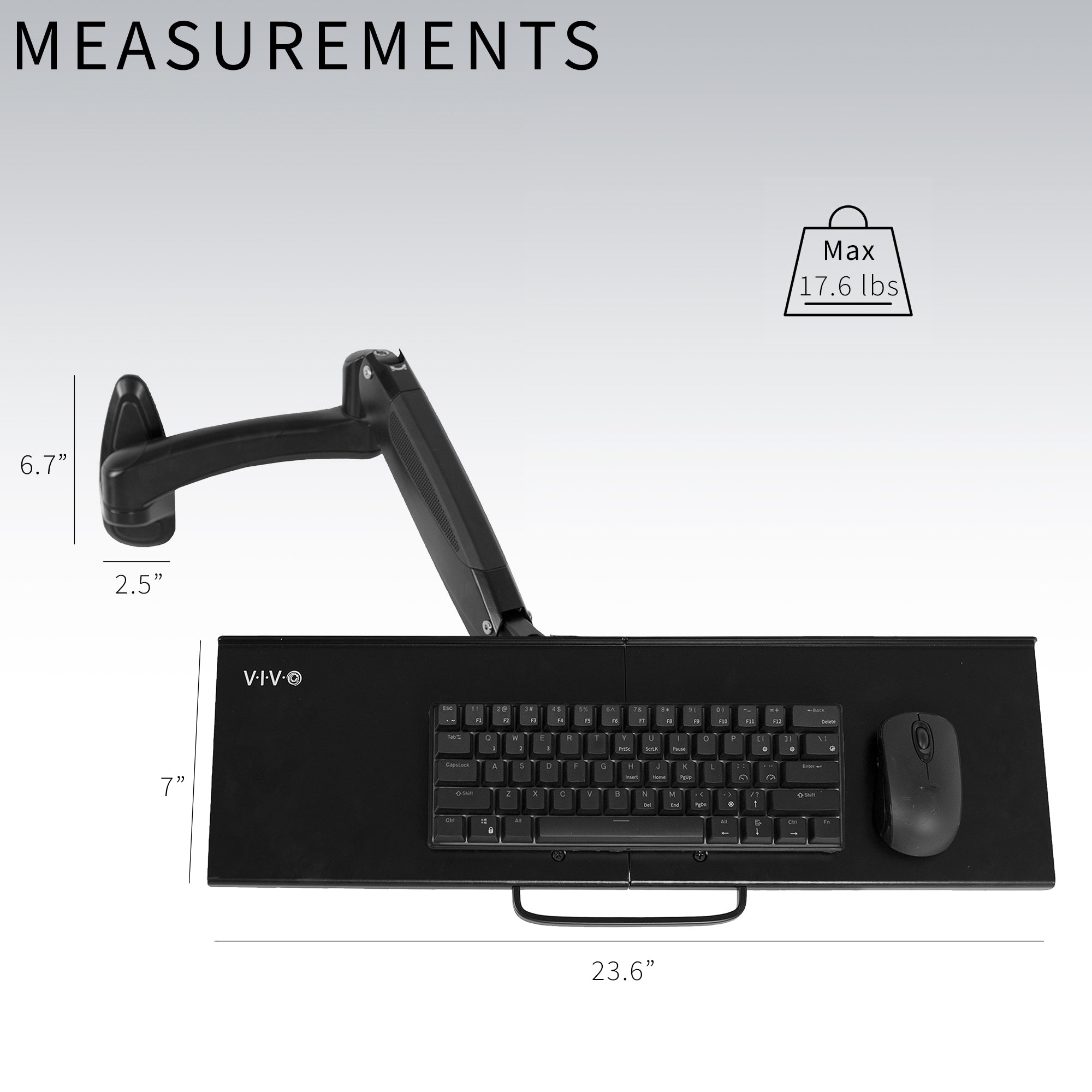 Sturdy steel pneumatic height adjustable keyboard tray wall mount.