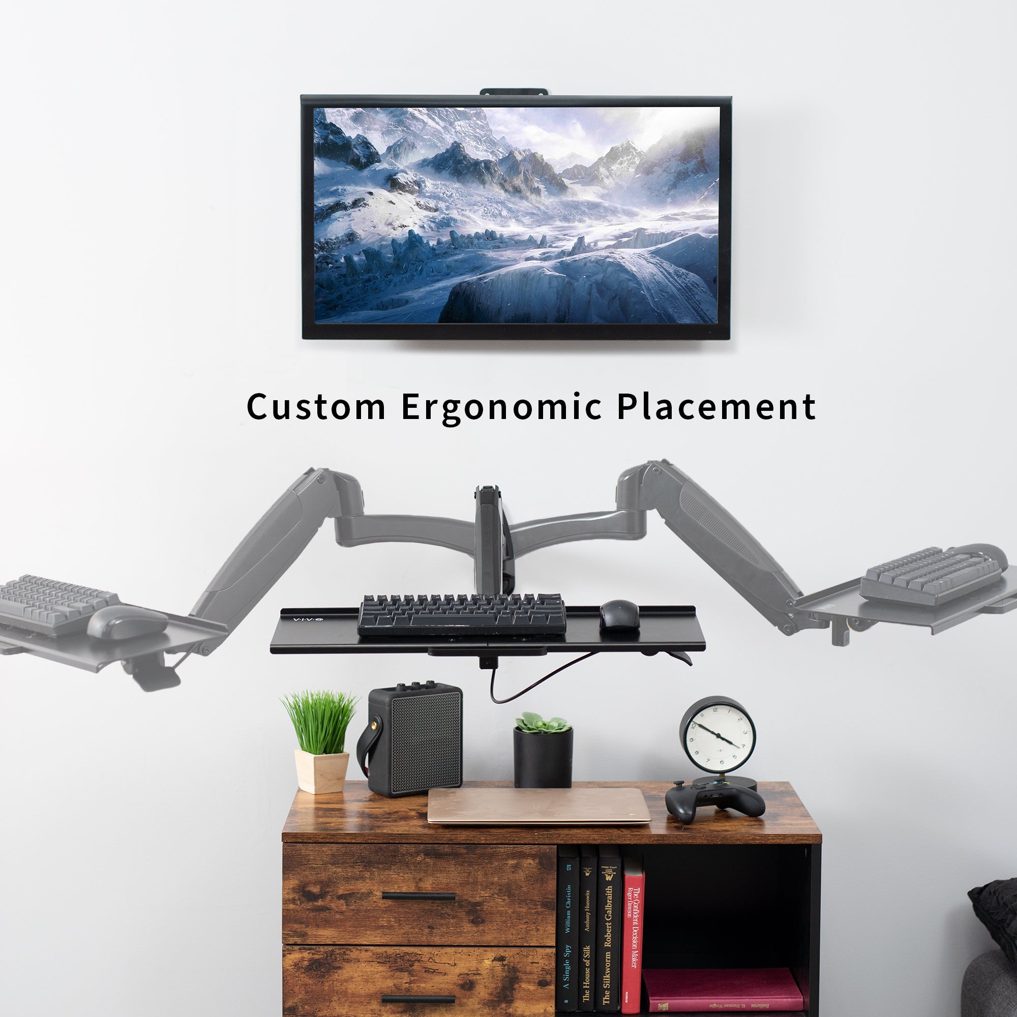 Sturdy steel pneumatic height adjustable keyboard tray wall mount with articulation.