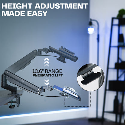 Height adjustment mechanism with pneumatic lift shown on keyboard tray on a blurred background