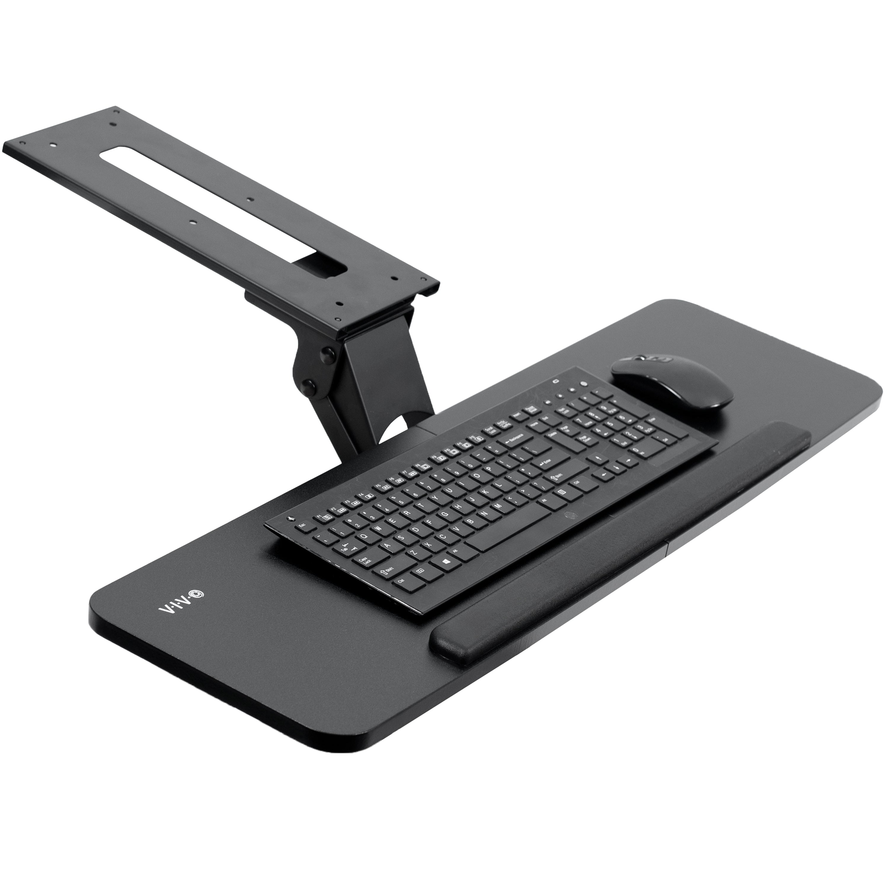 Ergonomic under desk keyboard tray mount with comfortable tilting angles for typing.