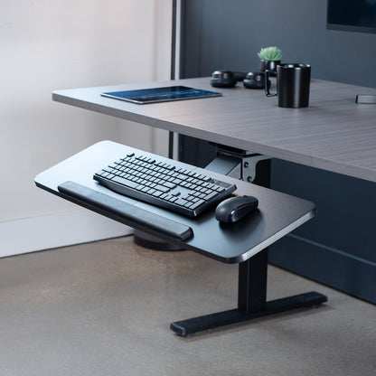 Ergonomic under desk keyboard tray mount with comfortable tilting angles for typing.