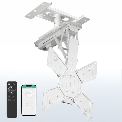White adjustable TV mount with remote controls on a white background