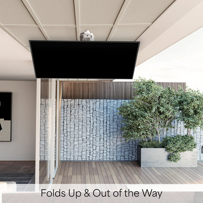 Ceiling-mounted TV with a stone wall and plants in the background