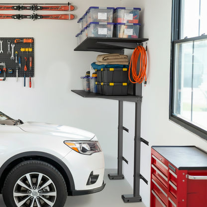 Garage organization shelving system, with tools and a car in the background