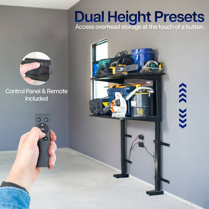 Storage shelf with adjustable height feature controlled by a remote, with tools and containers on top.