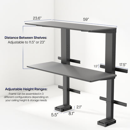 Gray adjustable height desk with measurements on a white background