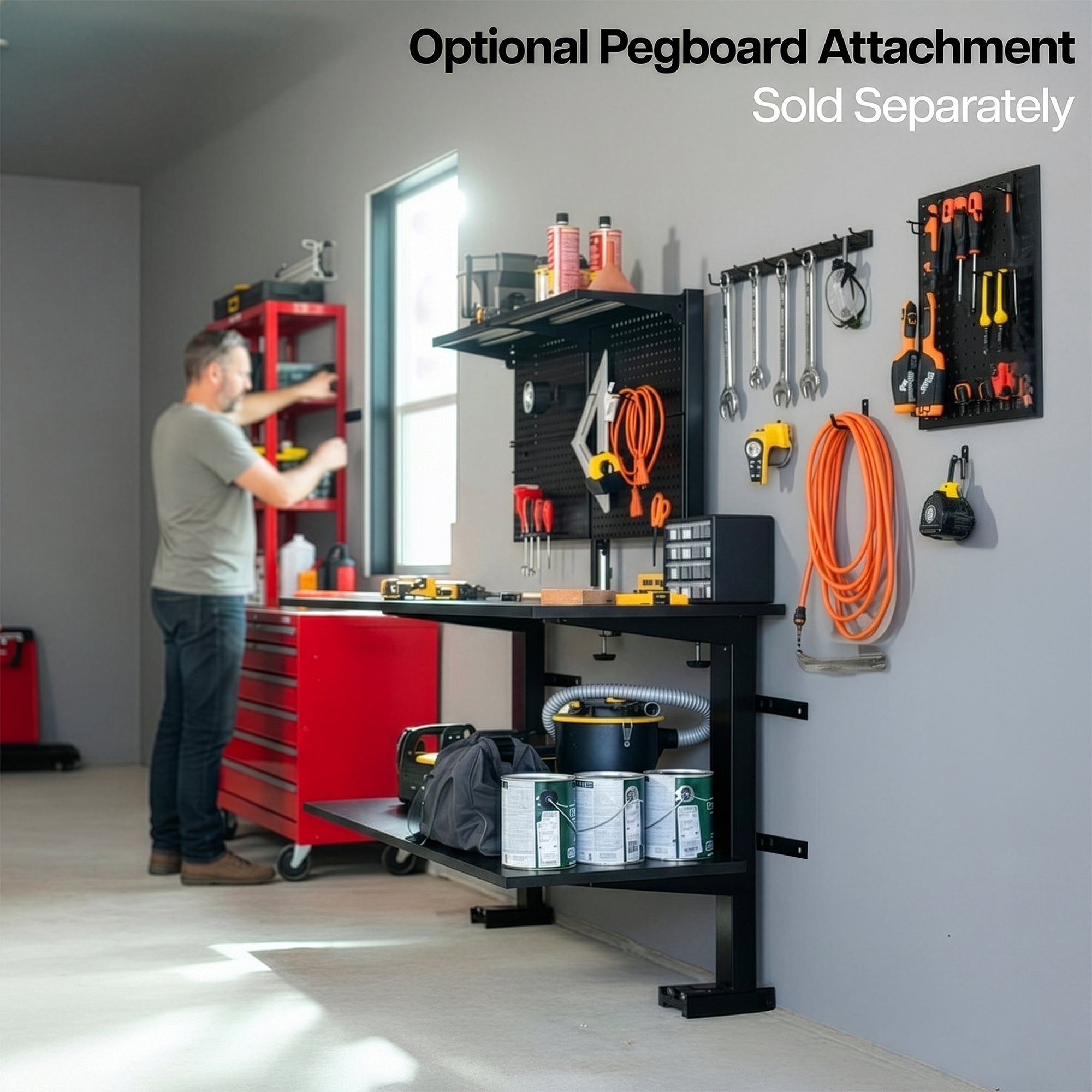 Workbench with tools and equipment in a garage setting, featuring an optional pegboard attachment.
