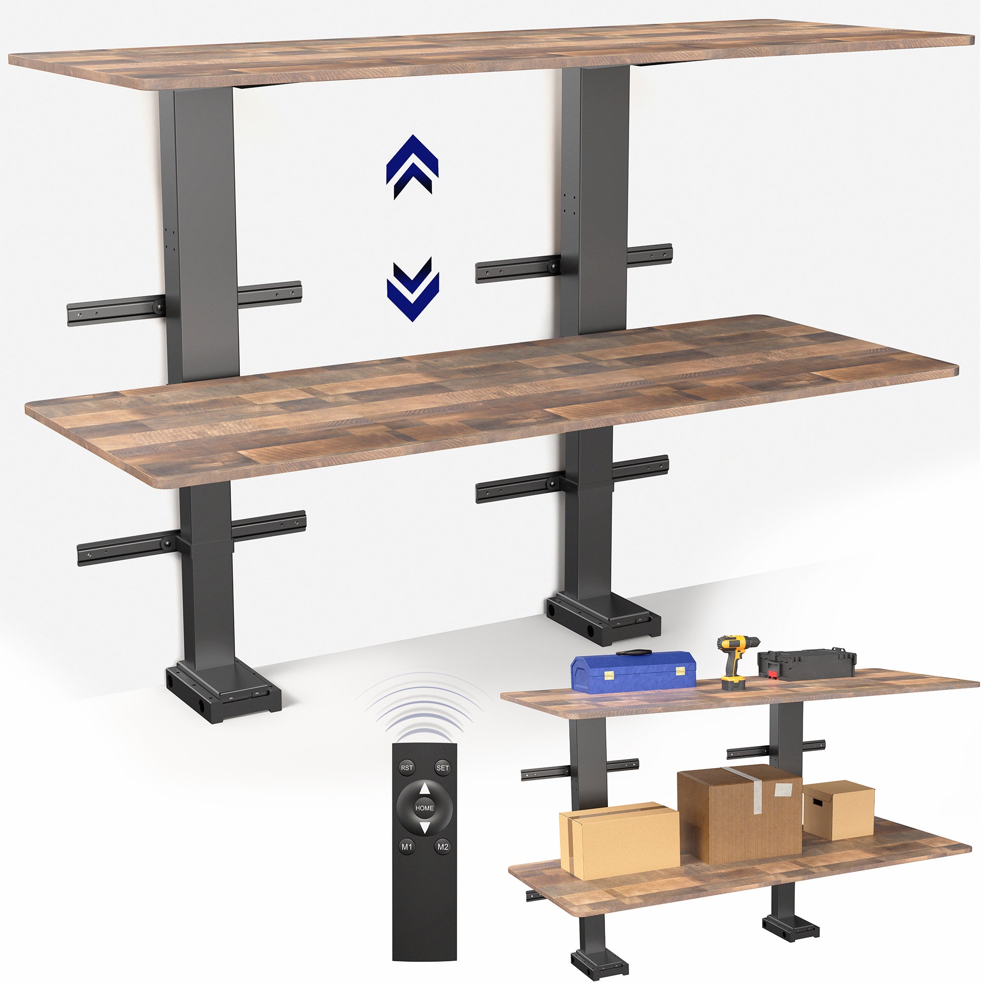 Adjustable height desk with shelves and tools on a white background