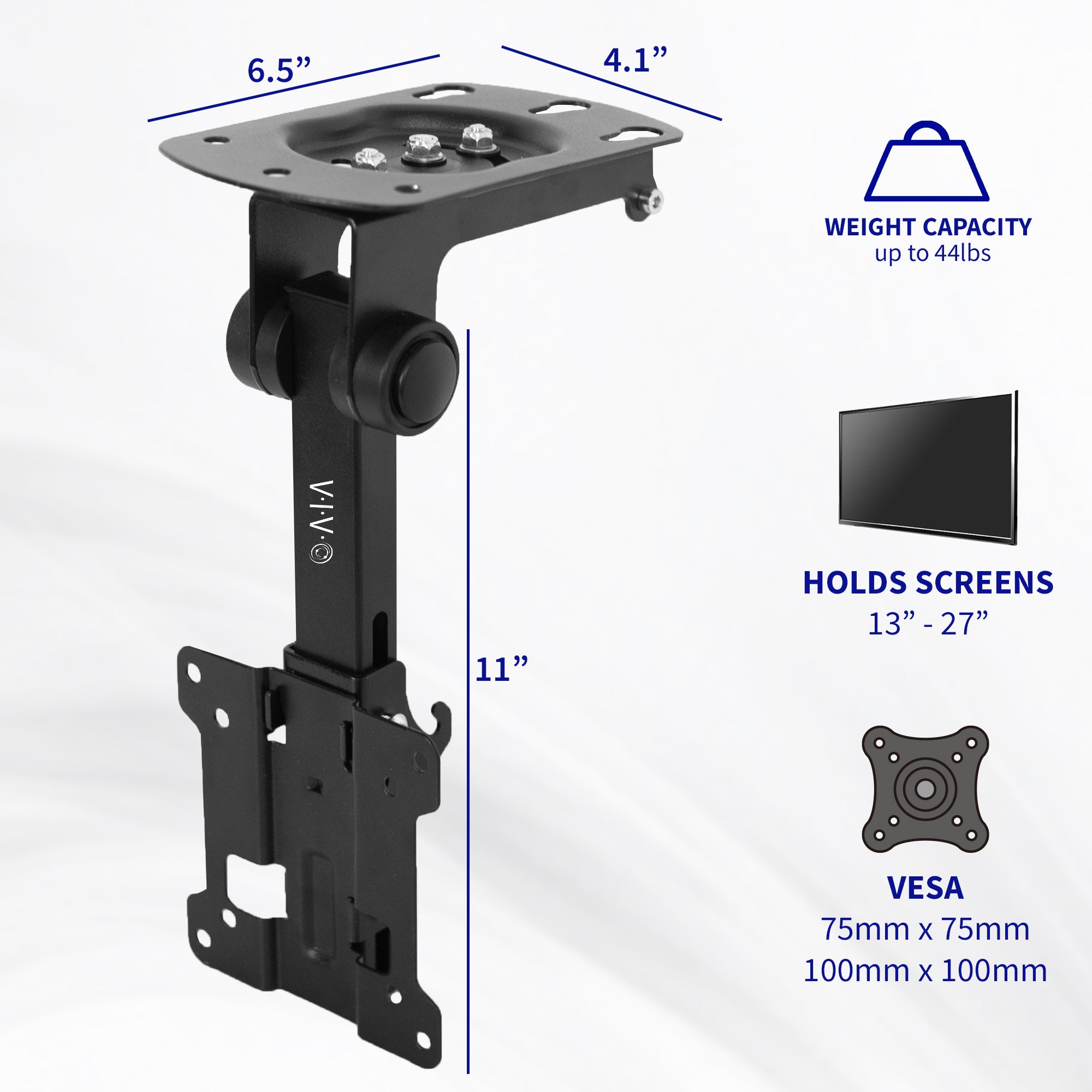 TV and monitor mount with dimensions and features on a white background
