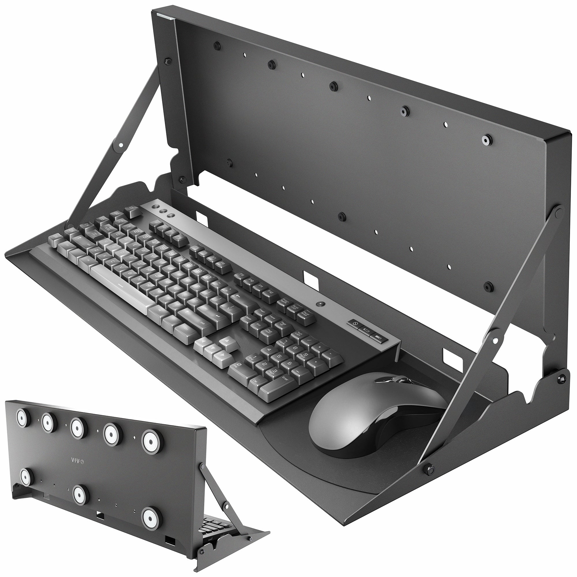 Magnetic wall mount keyboard tray with folding platform, built-in mouse pad, and adjustable mounting system