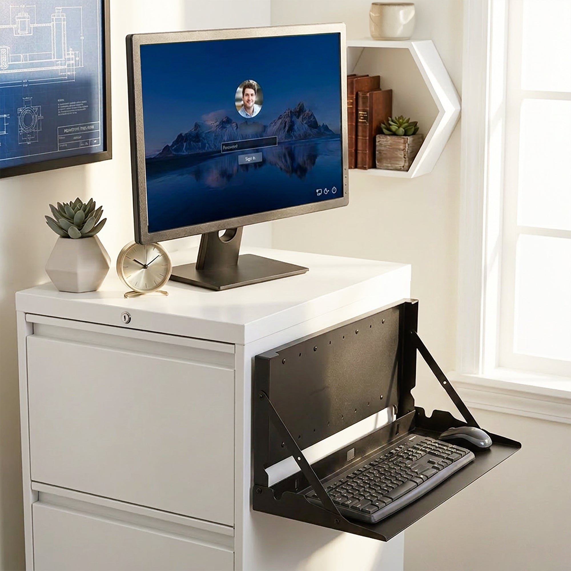Flip down keyboard and mouse tray mounted below a monitor for a compact cabinet-mounted workstation