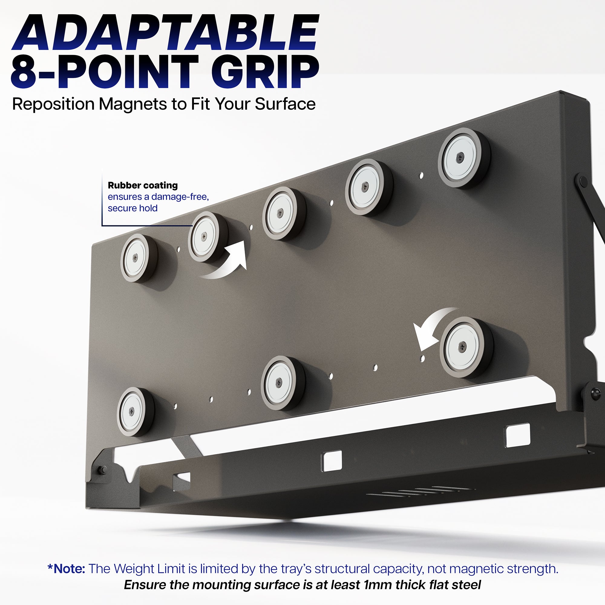 Magnetic keyboard tray wall mount with adaptable 8-point mounting design for secure installation