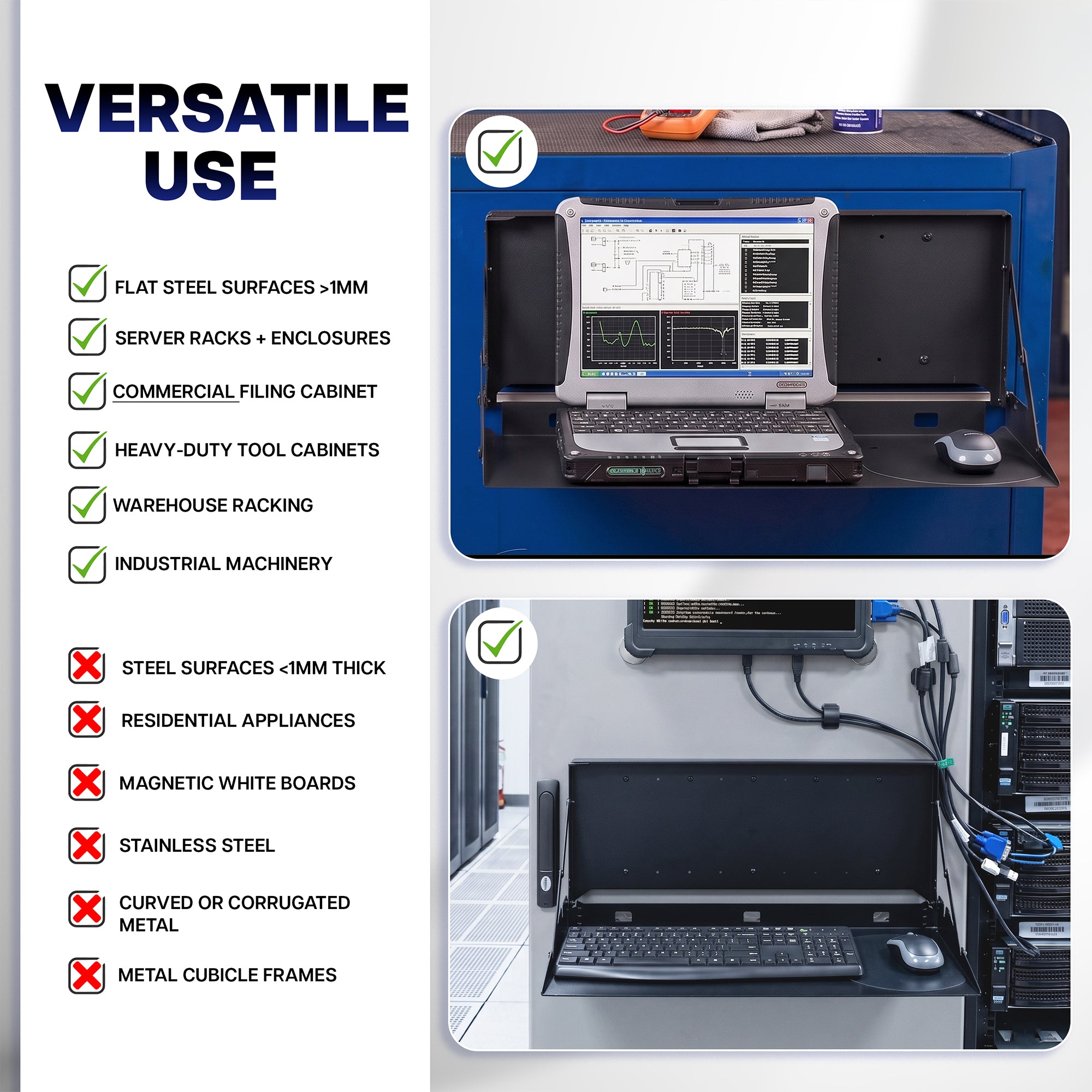 Wall-mounted flip down keyboard tray for offices, warehouses, workstations, and other space-saving computer setups