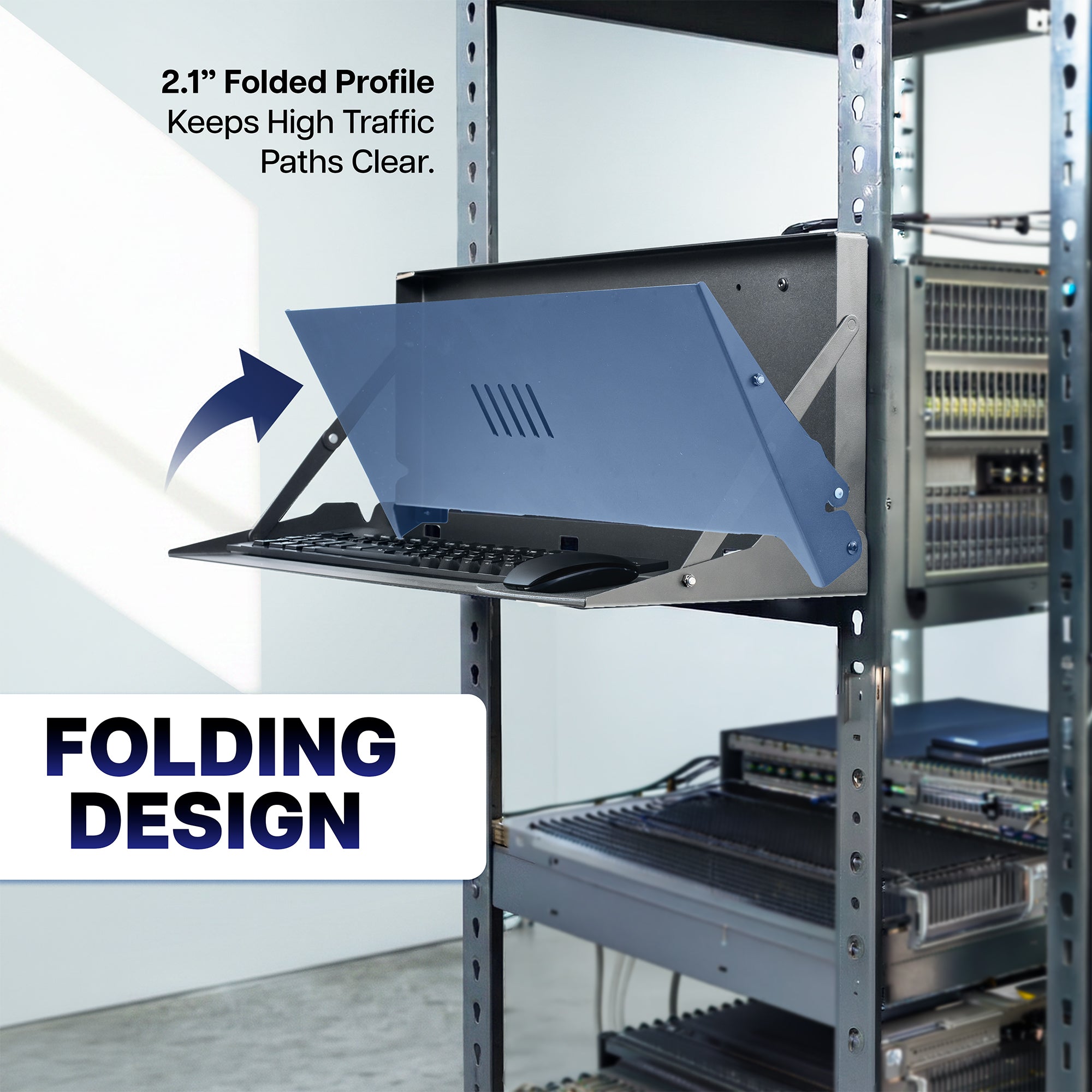Space-saving wall mount keyboard tray that folds down for use and closes when the workstation is not needed