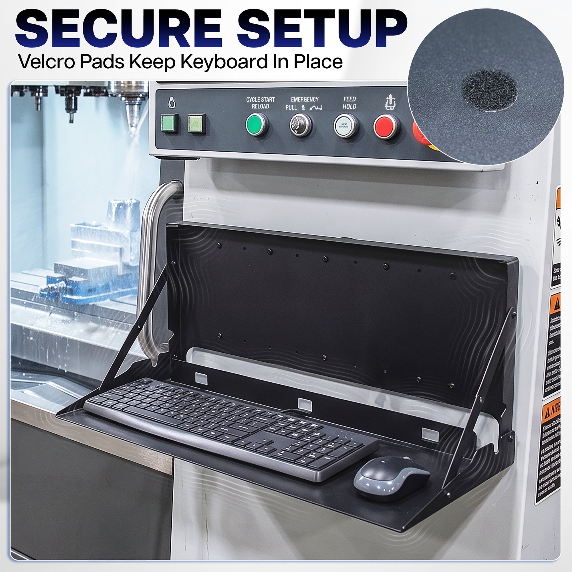 Wall-mounted keyboard and mouse tray with secure mounting points for a stable computer workstation