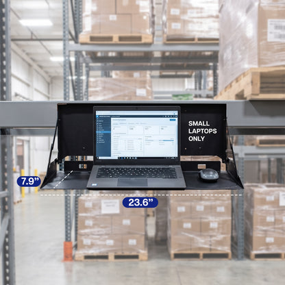Magnetic flip down keyboard tray used with a monitor in an industrial workstation or warehouse environment