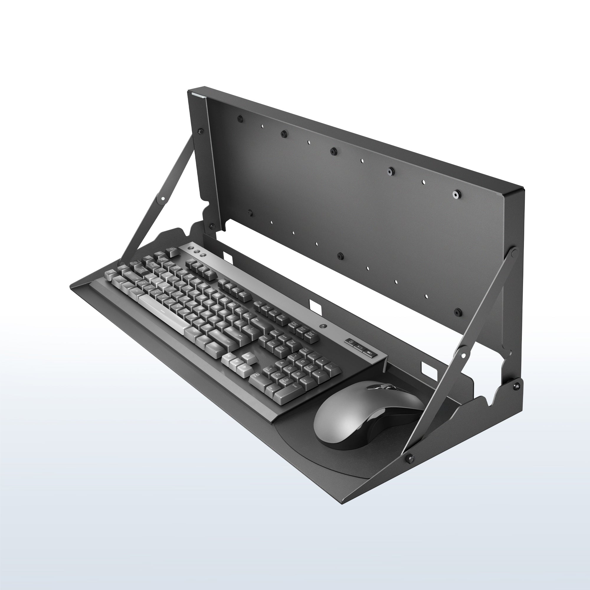 Magnetic flip down keyboard tray wall mount with built-in mouse pad for a space-saving computer workstation