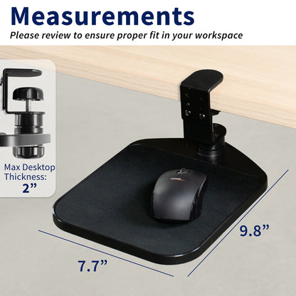 Black clamp-on desk pad with measurements and a mouse on a gray background