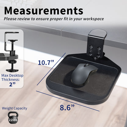 Black desk tray with mouse on a wooden mouse pad platform, showing dimensions and weight capacity.