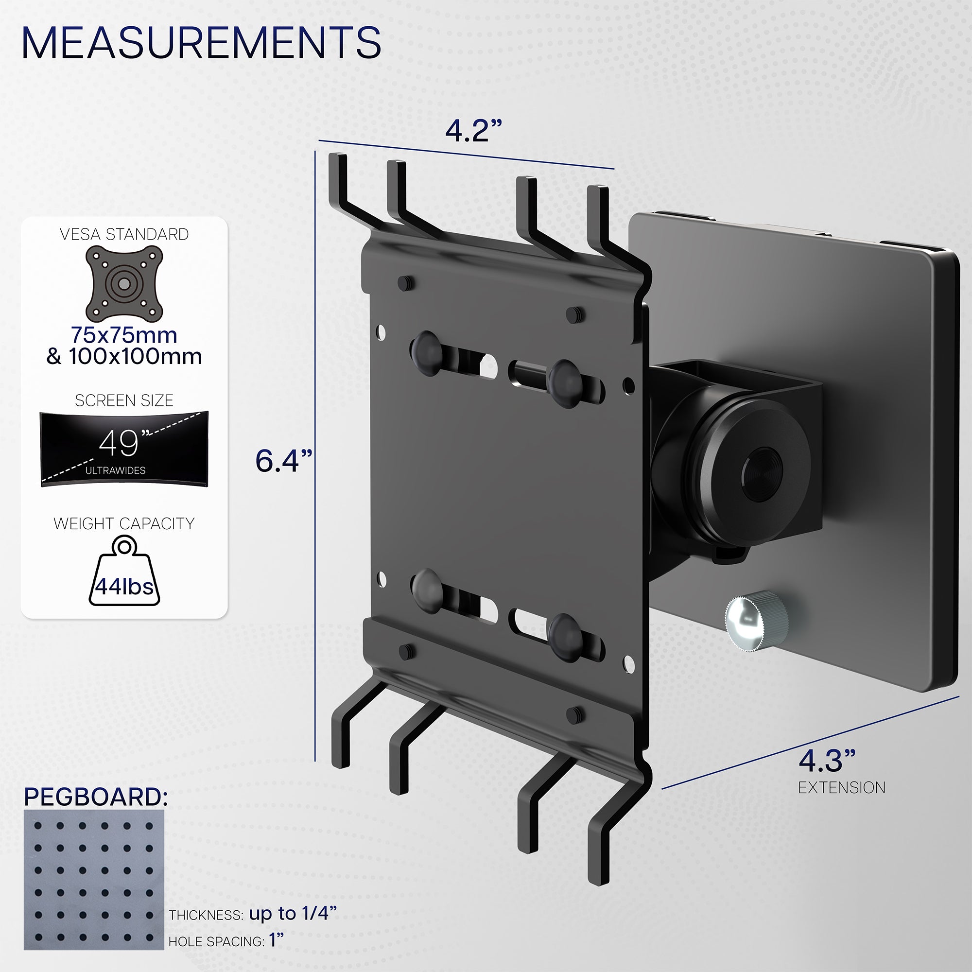 Single Ultrawide Monitor Pegboard Panel Mount - Up to 49" Screens