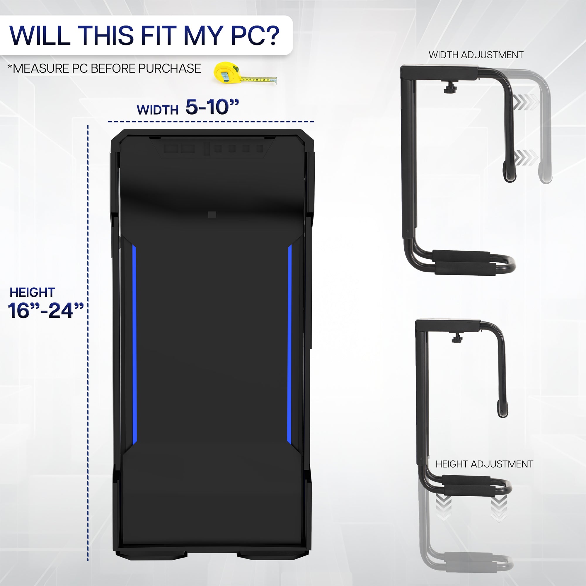Sturdy under desk PC mount with adjustable width and height and protective padding included.
