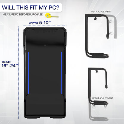 Sturdy under desk PC mount with adjustable width and height and protective padding included.