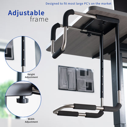 Large heavy-duty height adjustable and width adjustable under desk PC mount.