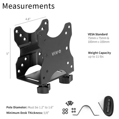 Sturdy steel multi-functional PC mount for under desk, pole, or behind monitor VESA mounting.