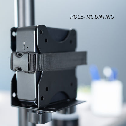 Sturdy steel multi-functional PC mount for under desk, pole, or behind monitor VESA mounting.