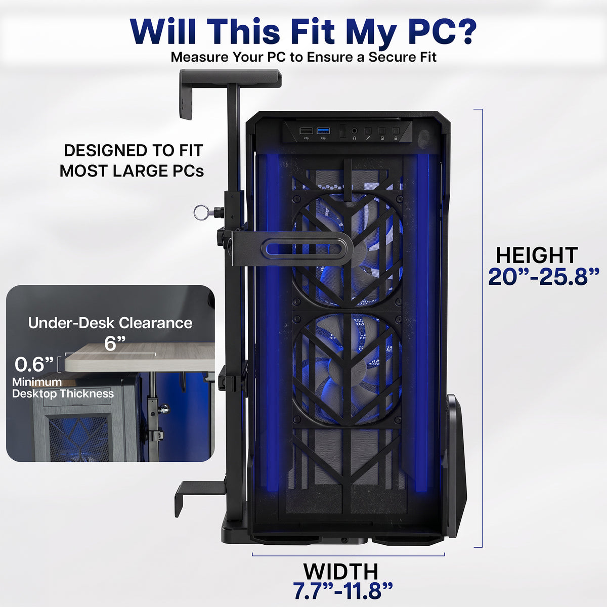 PC mount with measurements for width and height, showing how to measure your PC to ensure a perfect fit. 