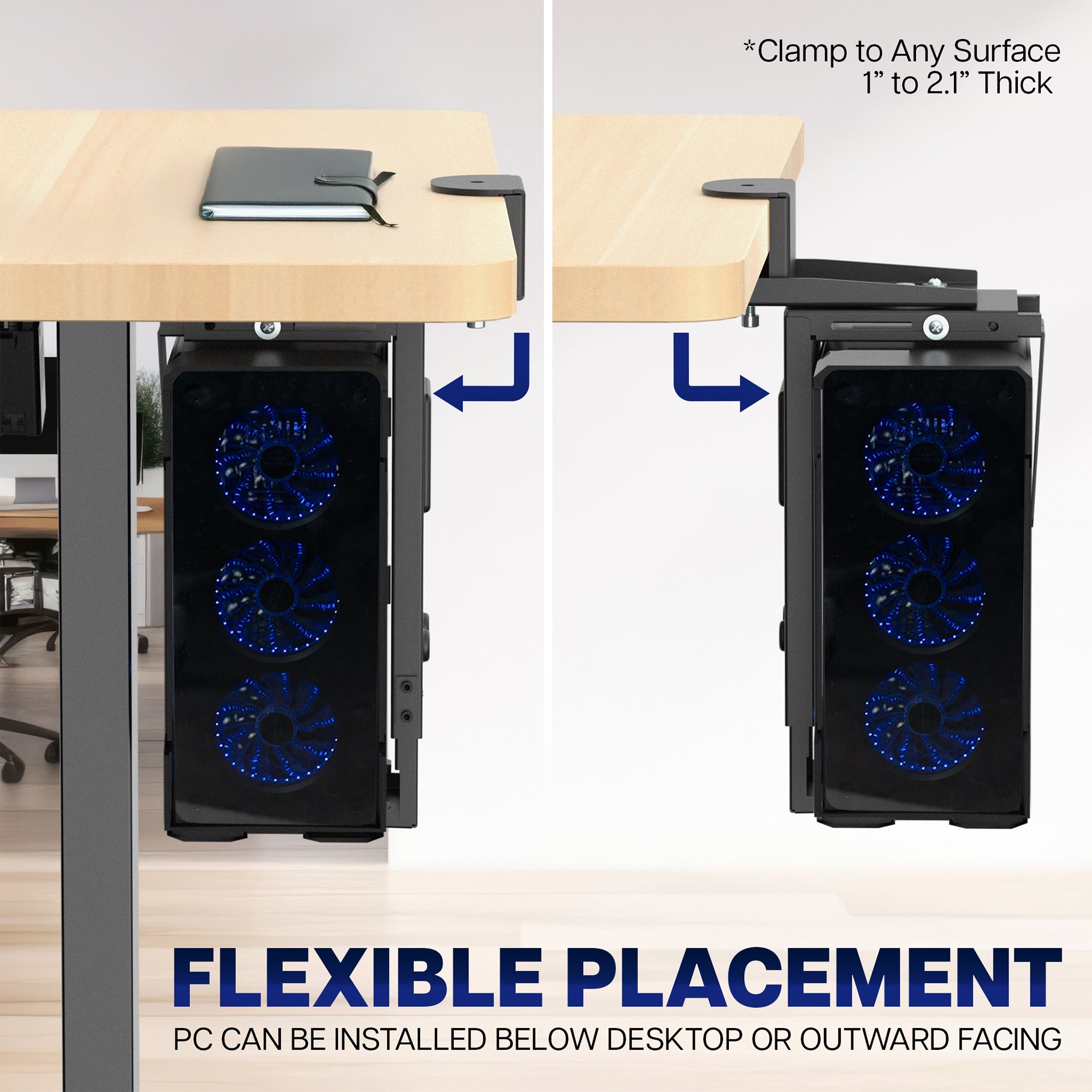 Computer case with blue fans attached to a desk, showing flexible placement options - below the desktop or outward facing. 