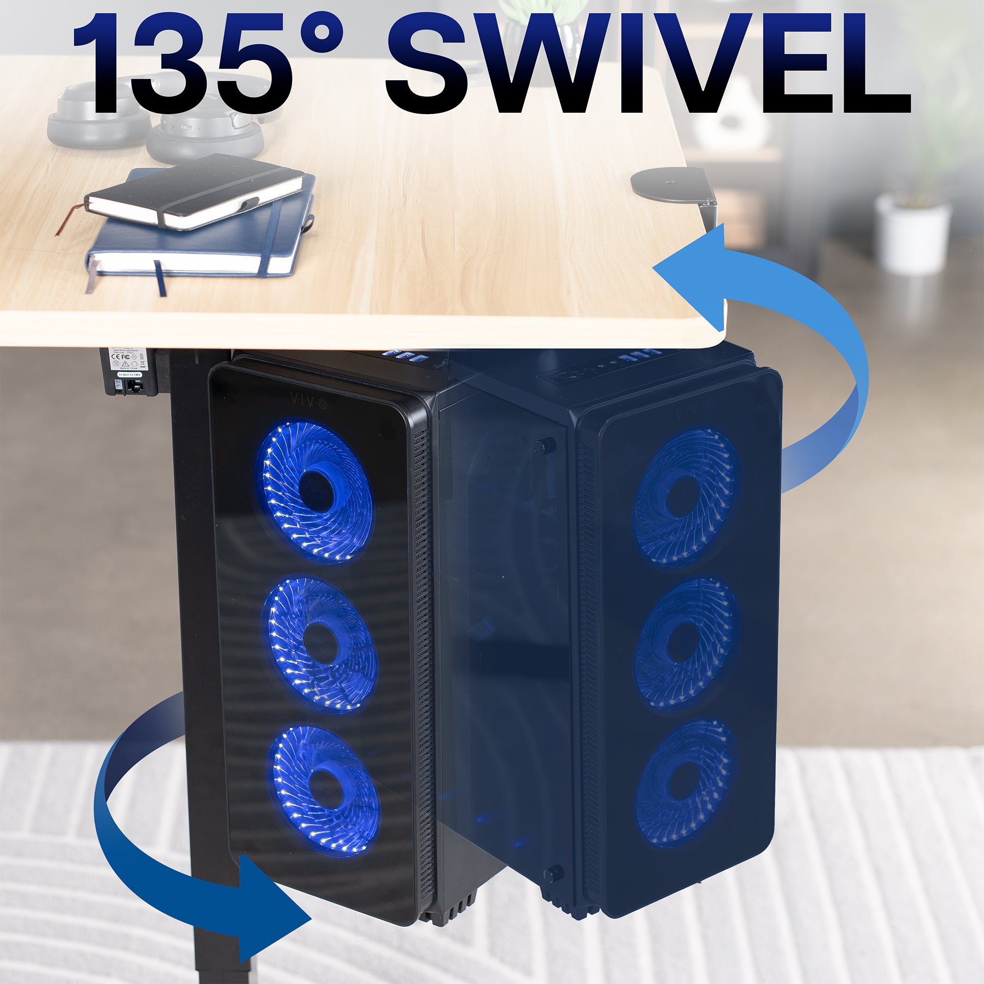 Swivel feature shown on a PC mount in a blurred office desk background, emphasizing 135-degree swivel.